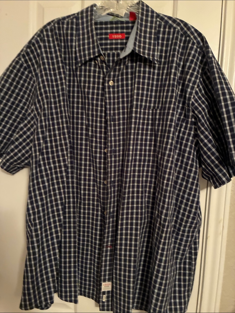 Izod Navy and White Plaid Short-Sleeve Button-Down Shirt